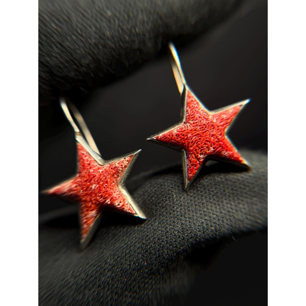 Vintage Devine 925 Sterling Silver Coral Star Dangle Earrings